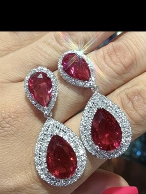 Ruby Red Diamond Teardrop Accented Dangle Evening Statement Earrings